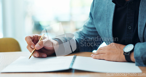 Image of Business hands, documents and signature for legal contract, agreement and legal planning in office. Professional lawyer, notary or attorney writing information, reading print and policy at law firm