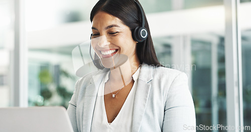 Image of Business woman, call center consultant and laptop for customer service, support or advice in office. Professional Mexican advisor or happy agent in headphones for contact us or e commerce on computer