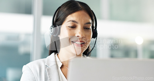 Image of Business woman, consultant and call center on computer in customer service, support or advice in office. Professional Philippines advisor or agent in headphones for contact us or e commerce on laptop