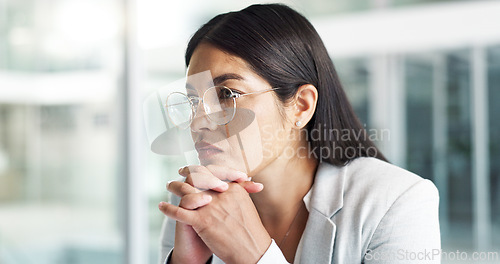 Image of Business, woman and thinking with stress at company for job interview, recruitment or hiring news. Employee, professional person and anxiety at workplace for onboarding decision and waiting in lobby