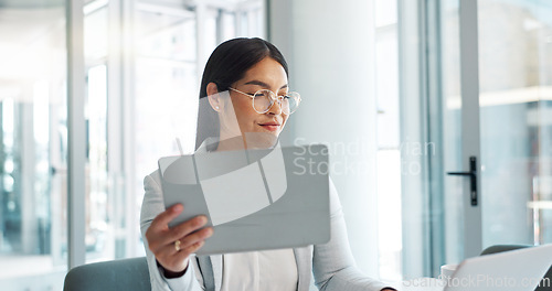 Image of Research, happy or businesswoman with tablet or laptop for blog, post or networking in office. Digital agency, tech startup or social media manager typing online or planning for update with smile