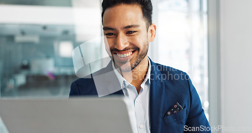 Image of Happy man, reading on tablet and planning for law firm research, online article review and business results. Lawyer or corporate employee with ideas, solution or email feedback on digital technology