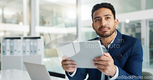 Image of Business man, thinking of ideas and tablet for investment, email or stock market solution in office. Young trader or corporate employee with vision, online goals or target with digital technology