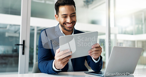 Image of Business man, thinking of ideas and tablet for investment, email or stock market solution in office. Young trader or corporate employee with vision, online goals or target with digital technology