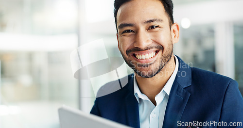 Image of Happy man, reading on tablet and planning for law firm research, online article review and business results. Lawyer or corporate employee with ideas, solution or email feedback on digital technology