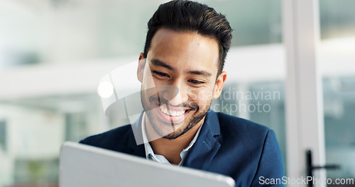 Image of Happy man, reading on tablet and planning for law firm research, online article review and business results. Lawyer or corporate employee with ideas, solution or email feedback on digital technology