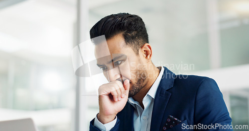Image of Business man, thinking and stress on computer for legal research, law firm problem solving or decision in office. Aisan person or lawyer with doubt, mistake or ideas on laptop for report or article