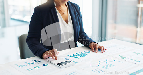 Image of Business woman, calculator and financial statistics, graphs or charts for revenue, profit and budget report. Hands of an auditor or accountant planning of documents for data analytics and accounting