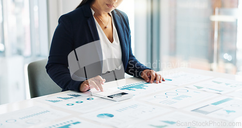 Image of Business woman, calculator and financial statistics, graphs or charts for revenue, profit and budget report. Hands of an auditor or accountant planning of documents for data analytics and accounting