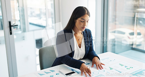 Image of Business woman, calculator and documents of statistics, graphs or charts for revenue, profit and budget report. Professional auditor or accountant planning of numbers, data analysis and accounting