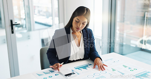 Image of Business woman, calculator and documents of statistics, graphs or charts for revenue, profit and budget report. Professional auditor or accountant planning of numbers, data analysis and accounting