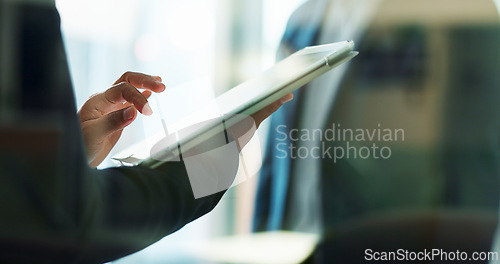 Image of Closeup, hands or businesswoman with tablet or research for blog, post or networking in office. Digital agency, tech startup or social media manager typing online or planning for update in meeting