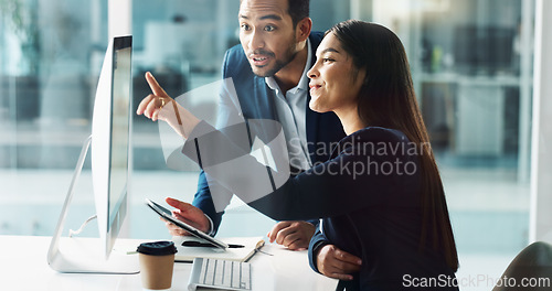 Image of Business people, teamwork and planning on computer, tablet and comparison in multimedia research or report. Man and woman with Information technology solution, results or support for digital software