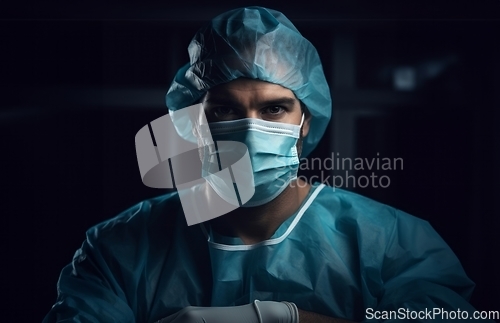Image of Close-up portrait of a doctor in a medical mask, symbolizing dedication and commitment to healthcare in the pandemic era
