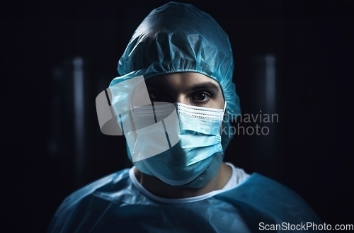 Image of Close-up portrait of a doctor in a medical mask, symbolizing dedication and commitment to healthcare in the pandemic era