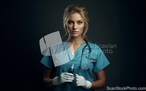 Image of A modern and elegant doctor, exuding confidence and expertise, holds an injection in her hands against a dark backdrop, capturing the essence of contemporary healthcare professionalism