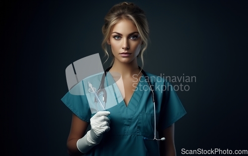 Image of A modern and elegant doctor, exuding confidence and expertise, holds an injection in her hands against a dark backdrop, capturing the essence of contemporary healthcare professionalism