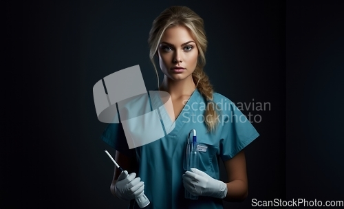 Image of A modern and elegant doctor, exuding confidence and expertise, holds an injection in her hands against a dark backdrop, capturing the essence of contemporary healthcare professionalism