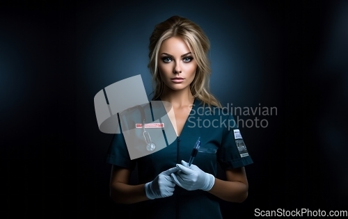 Image of A modern and elegant doctor, exuding confidence and expertise, holds an injection in her hands against a dark backdrop, capturing the essence of contemporary healthcare professionalism