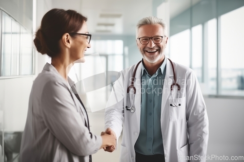 Image of In a modern hospital corridor, doctors exchange handshakes, reflecting professional unity and collaborative teamwork