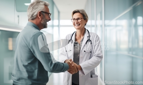 Image of A compassionate female doctor shares a handshake with an elderly man, symbolizing gratitude and successful completion of hospital treatment