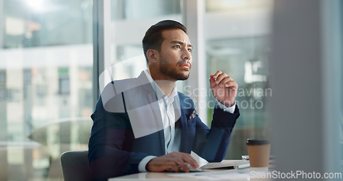 Image of Business man, headache and tired on computer for information technology, online planning and office stress. Worker, programmer or developer with fatigue, pain or frustrated for mistake on desktop