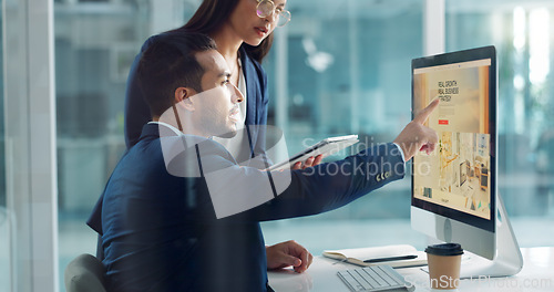 Image of Business people, teamwork and planning on computer, tablet and comparison in multimedia research or report. Man and woman with Information technology solution, results or support for digital software