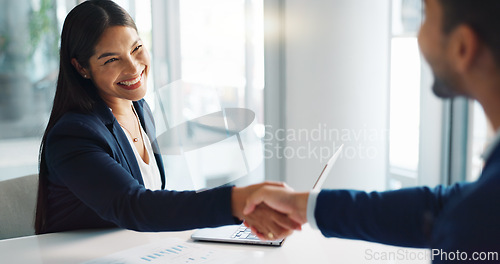 Image of Business people, smile and handshake for deal, agreement and partnership negotiation in office. Shaking hands, contract and recruitment, hiring offer and b2b collaboration of consultant in meeting