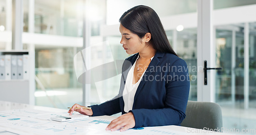 Image of Business woman, statistics documents and data analytics for financial growth, profit or budget report in office. Professional analyst or accountant planning of numbers, graphs or charts in accounting