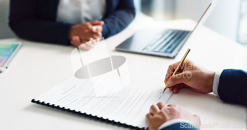 Image of Business hands, legal documents and signature for contract agreement, hiring deal and b2b negotiation. Professional people, lawyers or corporate clients writing of paperwork with terms and conditions