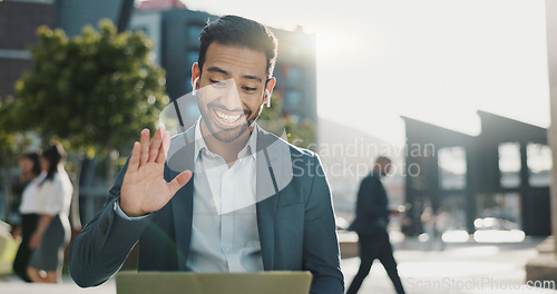 Image of Hello, video call and business man with laptop in a city for online meeting, discussion or planning. Wave, pc and Japanese guy manager outdoor for web conference for crm, faq or proposal negotiation