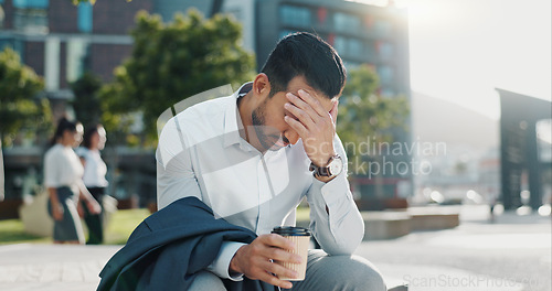 Image of Business man, stress and unemployment in city with worry, anxiety or sad for job loss on sidewalk. Professional person, employee and mental health in stock market crash, recession or financial crisis