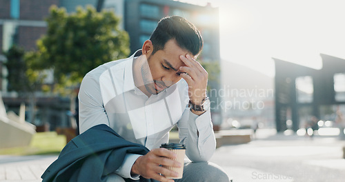 Image of Business man, stress and unemployment in city with worry, anxiety or sad for job loss on sidewalk. Professional person, employee and mental health in stock market crash, recession or financial crisis