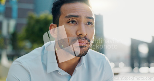 Image of Business man, sad and unemployment in city with worry, anxiety or stress for job loss on sidewalk. Professional person, employee and depression in stock market crash, recession or financial crisis