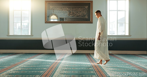 Image of Gratitude, islamic and man with faith in a mosque for praying, peace and spiritual care in holy religion for Allah. Respect, Ramadan and Muslim person with kindness, hope and humble after worship