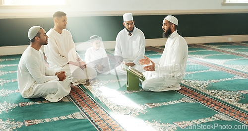 Image of Islam, prayer and group of men in mosque with child, mindfulness and gratitude in faith. Worship, religion and Muslim people together in holy temple for praise, spiritual teaching and peace with boy.