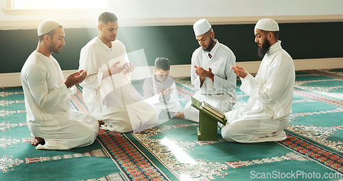 Image of Muslim, praying and men with child in Mosque for spiritual religion together as family to worship Allah in Ramadan. Islamic, Arabic and holy people with peace or respect for gratitude, trust and hope