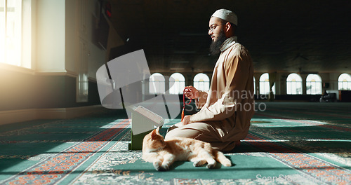 Image of Quran, islamic and man with faith in a mosque for praying, peace and spiritual care in holy religion for Allah. Reading book, Ramadan and Muslim person with beads, hope or grastitude to worship God