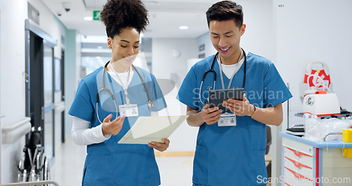 Image of Hospital, nurse and people with tablet in discussion with analysis of results and health report in clinic. Healthcare, teamwork and medical students with tech for diagnosis, research or collaboration