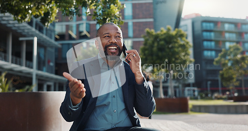 Image of Business man, phone cal and talking in street, smile and networking for deal, negotiation or contact. African professional person, smartphone conversation or happy for communication on metro sidewalk