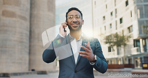 Image of Asian businessman, phone call or talking by buildings in city, office view or walk to workplace in accounting career. Young person, greet and smartphone in connection and communication in cbd in town