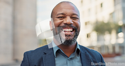 Image of Face, business and laughing black man in city outdoor in the morning on lens flare. Portrait, happy and professional lawyer in town, attorney and funny employee working in South Africa for career