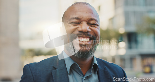 Image of Face, business and laughing black man in city outdoor in the morning on lens flare. Portrait, happy and professional lawyer in town, attorney and funny employee working in South Africa for career