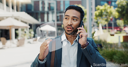 Image of Phone call, happy and businessman walking in town to work with communication for legal deal. Smile, talking and professional male attorney on mobile conversation for law case commuting in urban city.