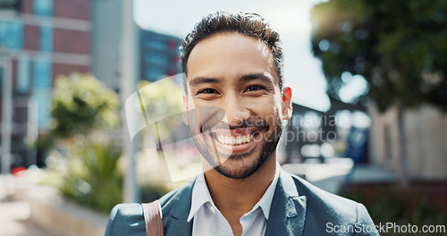 Image of Face, happy and business man in street outdoor in the morning for travel, commute or trip. Portrait, smile and professional lawyer in city, attorney and employee working in Mexico for career or job