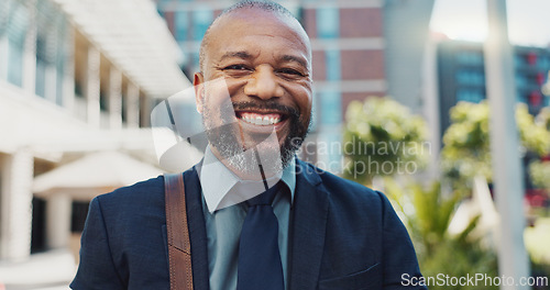 Image of Smile, face and mature businessman in the city with positive, good and confident attitude. Happy, portrait and professional African male lawyer with legal career standing in urban town street.