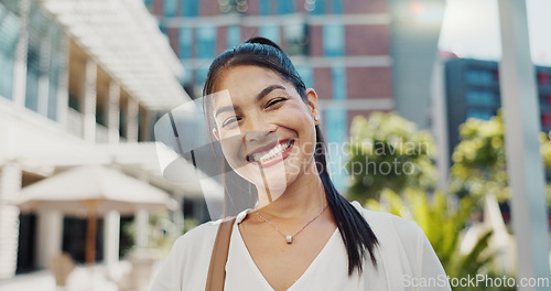 Image of Businesswoman, city and face with happy by buildings in morning, pride and travel to workplace in accounting career. Young person, portrait and professional with confidence and working in town in cbd