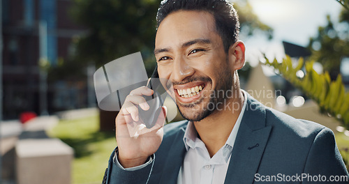 Image of Phone call, happy and businessman walking in city to work with communication for legal deal. Smile, talking and professional male attorney on mobile conversation for law case commuting in urban town.