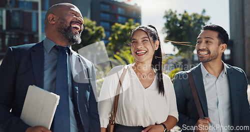 Image of Business people, walking and travel in city with talking on morning commute, partnership and happy. Employees, men and woman with conversation, collaboration and networking outdoor in urban town