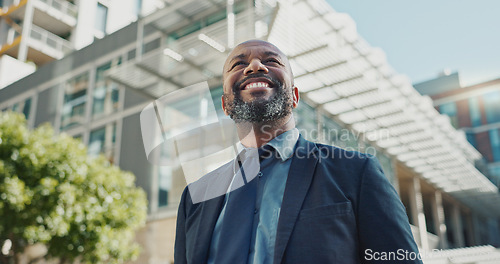 Image of Mature businessman, city and happy by office buildings in morning, view and travel to workplace in accounting career. African lawyer, positive and professional for ambition and working in town in cbd